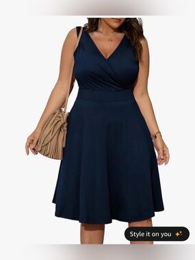 POSESHE Sleeveless Wrap V-Neck Dress with Pockets, Navy Blue, 3XL